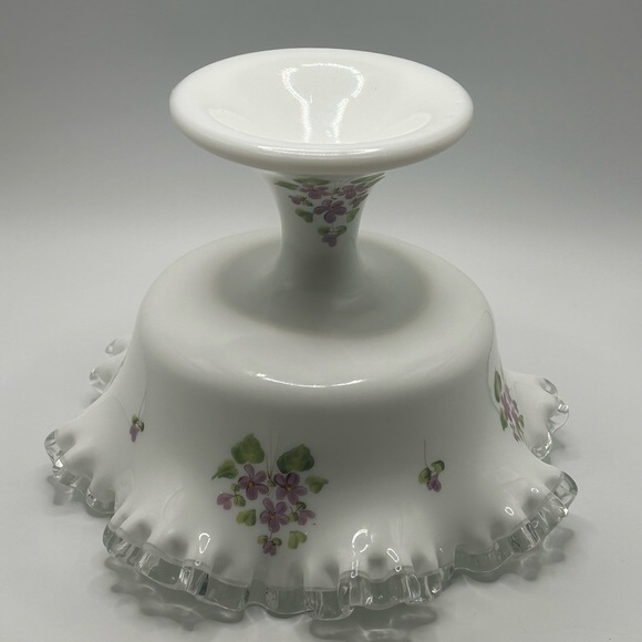 Vintage Fenton Silver Crest "Violets in the Snow" HandPainted Milk Glass Compote - Picture 11 of 11